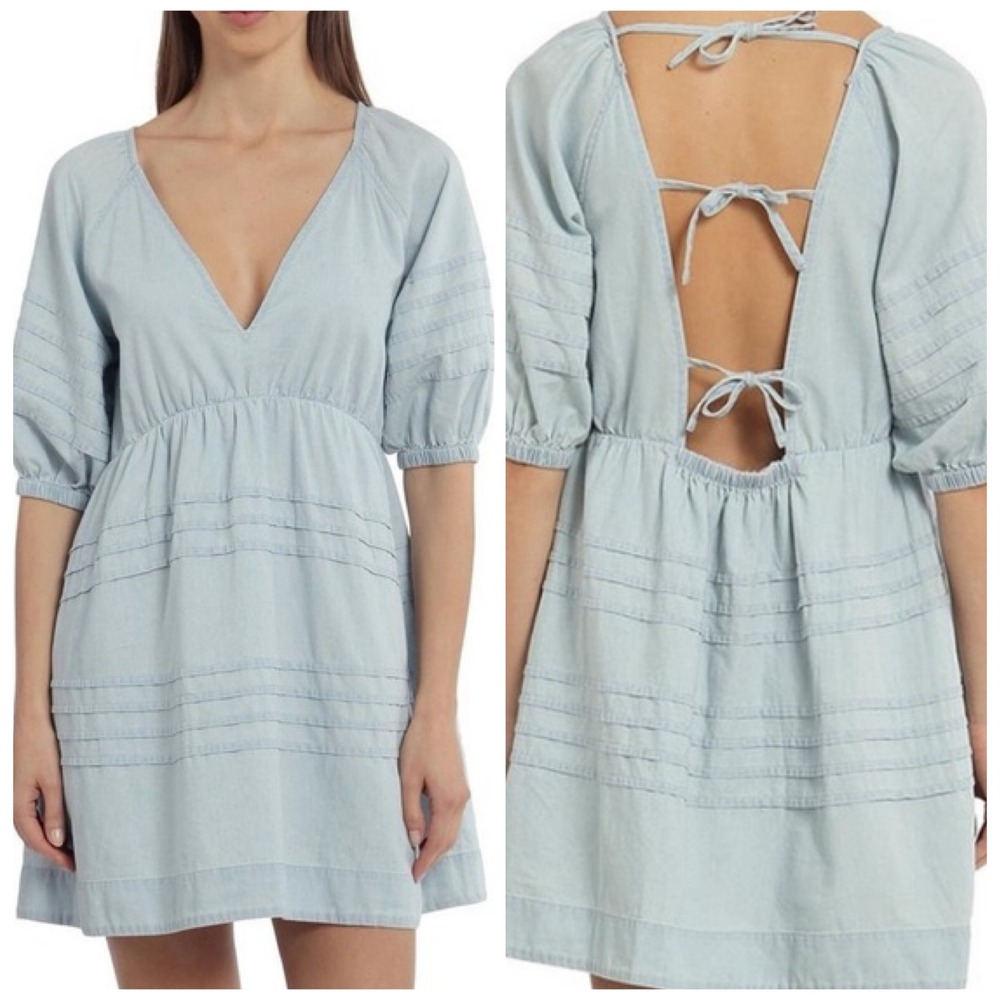 7 For All Mankind Cotton Short Sleeve Light Blue Tie Back Mini Dress Size Medium